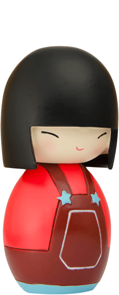 Soul Momiji doll: smiling, with black hair, red outfit, and blue star buttons; a kawaii collectible hiding a secret message. — Momiji Doll