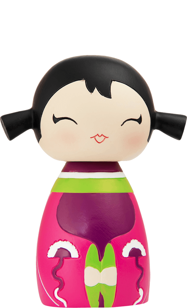 Giggles Momiji doll with black hair, pink dress, and green accents. Cute collectible with a secret message inside. — Momiji Doll