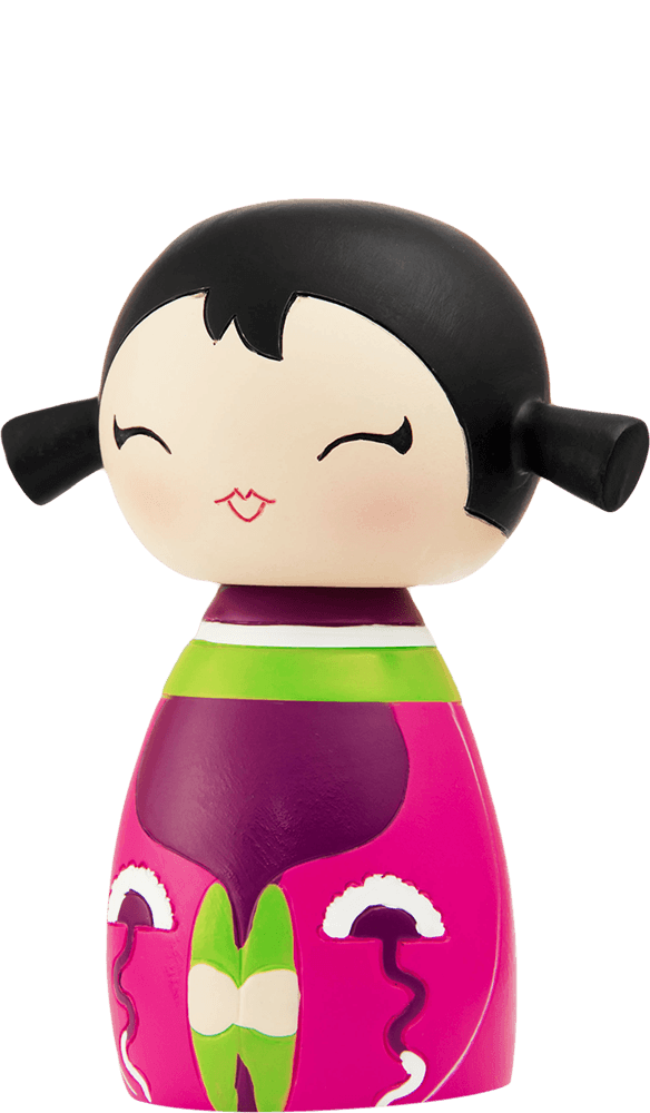 Giggles Momiji doll with black hair, a pink-purple dress, and a smiling face with closed eyes. — Momiji Doll