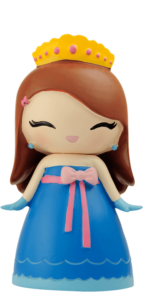 Princess Momiji doll with brown hair, yellow crown, blue dress, pink bow, and smiling closed eyes. — Momiji Doll