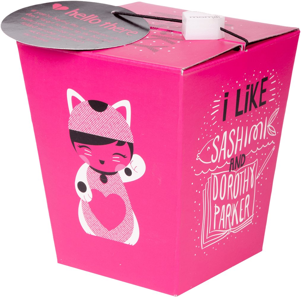 Lucky Kitty Momiji doll in a bright pink takeout box, features cute cat art and a secret message hidden inside. — Momiji Doll