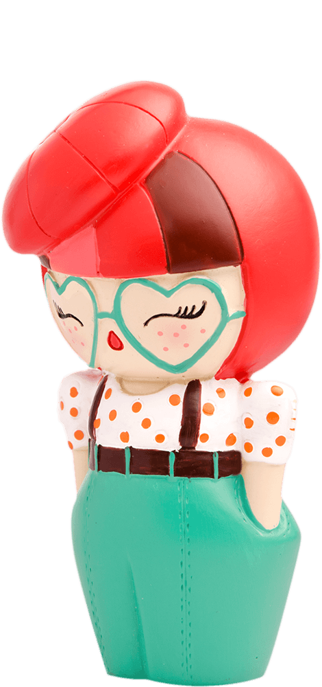 Bibi Button Momiji doll with red hair, heart-shaped glasses, polka-dot shirt, green pants, and a bright red beret. — Momiji Doll