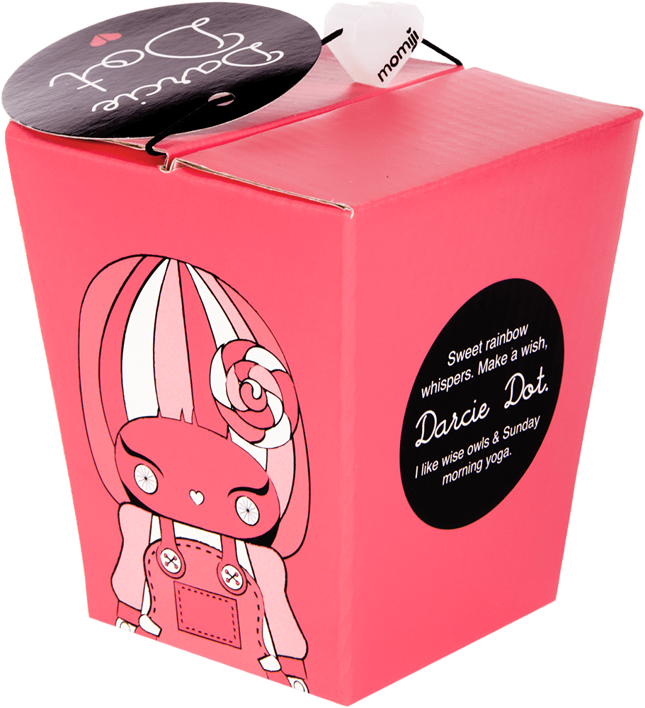 Pink box with kawaii illustration of Darcie Dot Momiji doll; round label showcases the collectible character design. — Momiji Doll