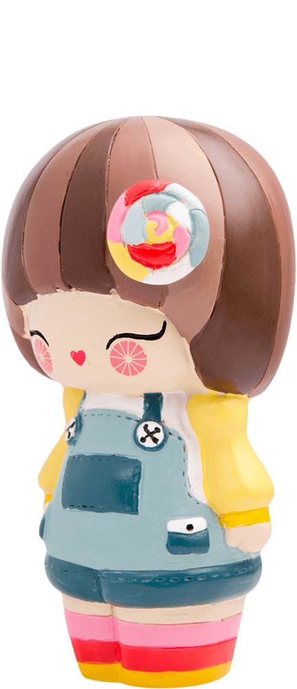 Momiji doll Darcie Dot with brown bob, flower hairpin, yellow top, blue overalls, striped socks, and closed eyes. — Momiji Doll