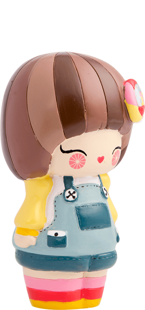 Darcie Dot Momiji doll with brown bob hair, pink cheeks, blue overalls, and a heart-shaped accessory—collectible and kawaii!. — Momiji Doll