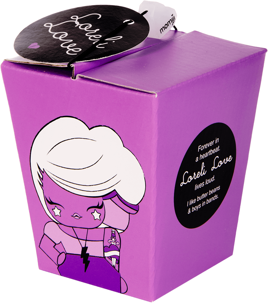Purple box with Loreli Love Momiji doll: white hair, heart cheeks, tattoos; message slot and character bio circle on box. — Momiji Doll