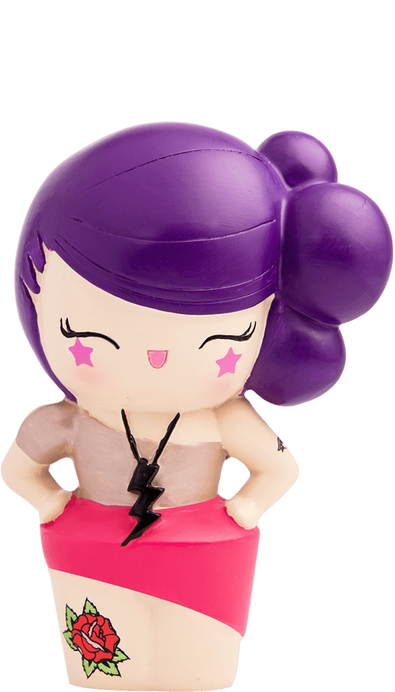 Loreli Love Momiji doll with purple hair, pink star cheeks, rose tattoo, pink skirt, closed eyes; collectible character. — Momiji Doll