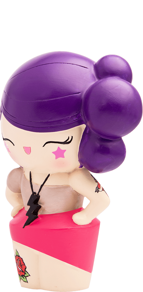 Loreli Love Momiji doll with purple hair, star by her eye, pink skirt, rose tattoo, and lightning bolt necklace. — Momiji Doll