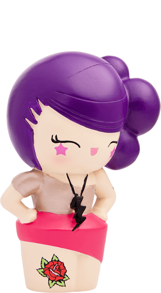 Loreli Love Momiji doll with purple hair, pink star cheeks, pink skirt, rose tattoo, and lightning bolt necklace. — Momiji Doll