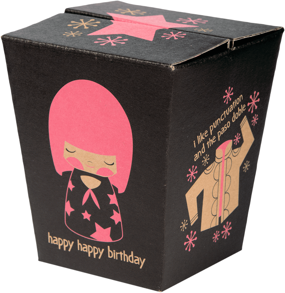 Black gift box with pink stars, kawaii Momiji doll character, and "Happy Happy Birthday" message in playful lettering. — Momiji Doll