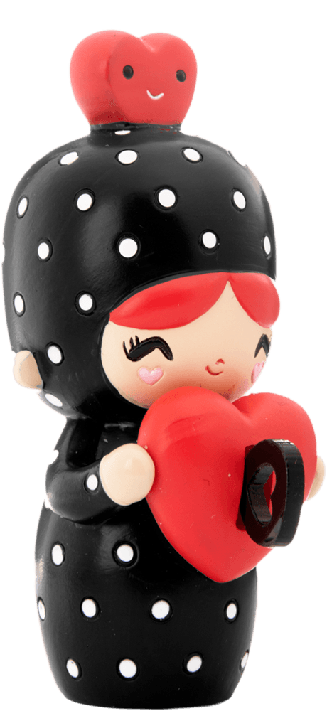 Dottie Momiji doll with red hair, polka-dot outfit, a red heart and a smiling heart detail on its head; kawaii collectible. — Momiji Doll
