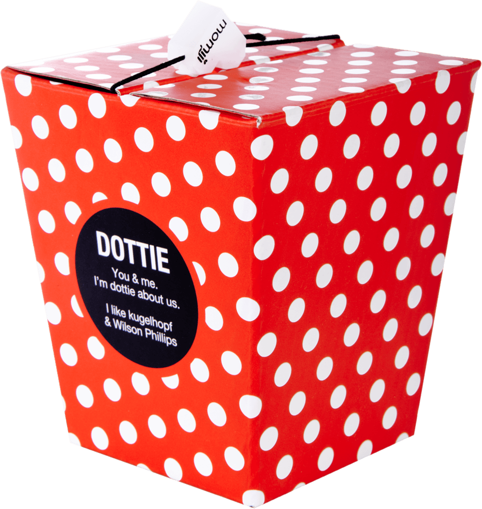 Dottie Momiji doll: red polka dot takeout box design, white handle, kawaii collectible with a hidden message inside. — Momiji Doll