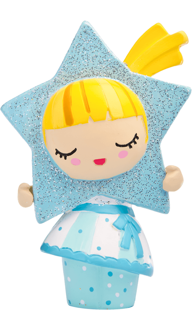 Star Momiji doll with yellow hair, blue star outfit, blue-and-white dress, and a sweet closed-eye smile. — Momiji Doll
