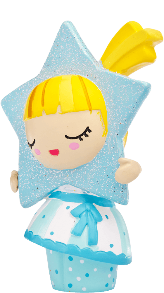 Star Momiji doll with yellow hair, blue dress, holding a sparkly blue star frame. Includes space for your secret message inside. — Momiji Doll