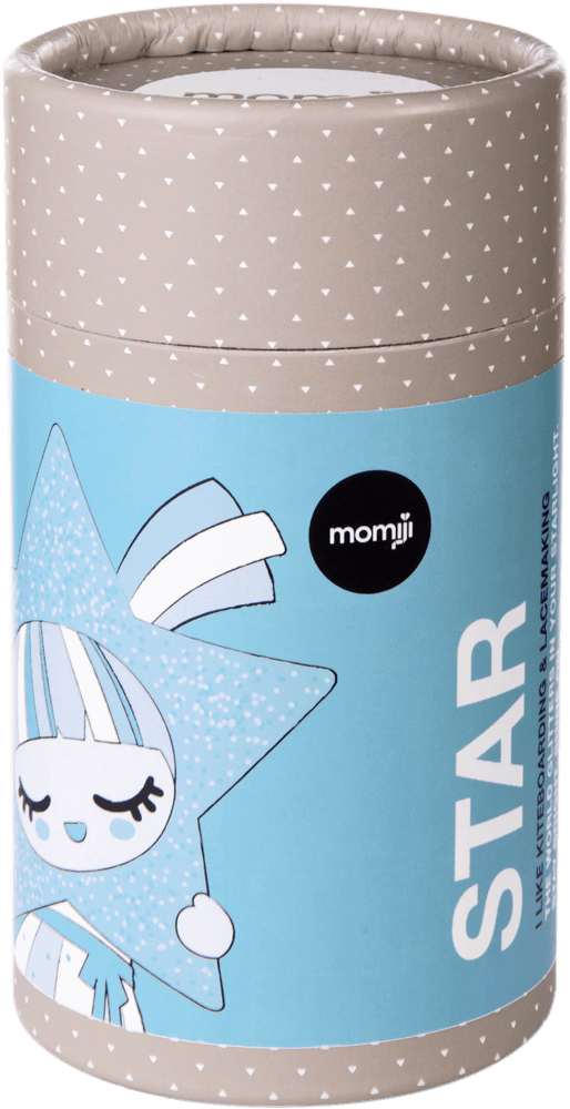Cylindrical box for Star Momiji doll, pastel polka dots, cartoon Star illustration, and "Star" label—a kawaii collectible. — Momiji Doll