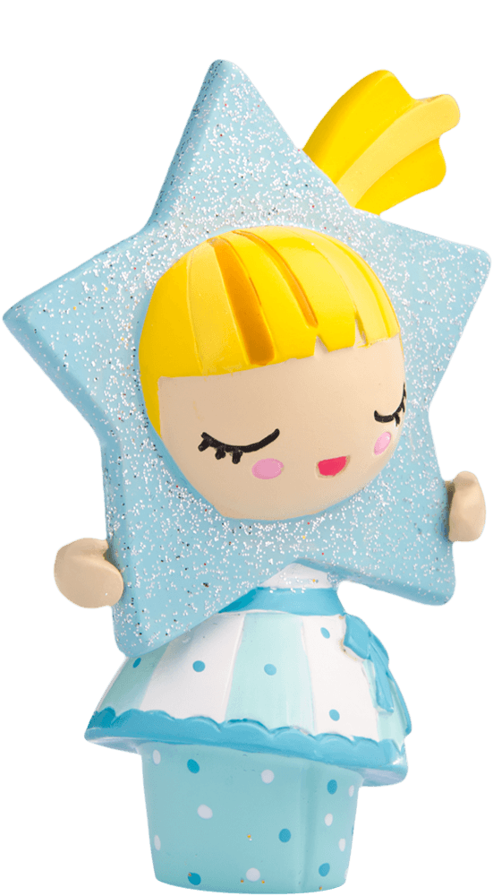 Star Momiji doll with yellow hair, closed eyes, blue glittery star, and a blue dress. Cute collectible character design. — Momiji Doll
