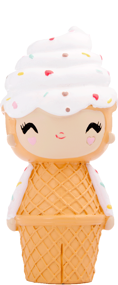 Happy Happy Happy Momiji doll with an ice cream swirl head, sprinkles, waffle cone body, and a cheerful smile. — Momiji Doll