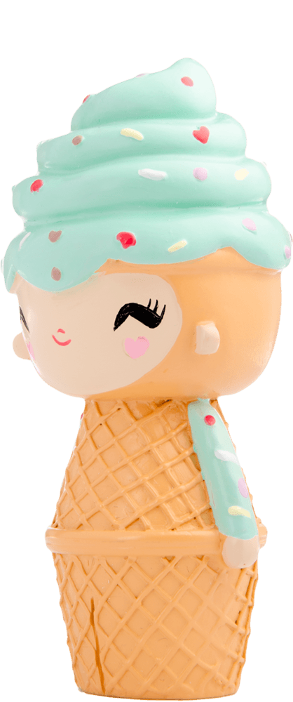 Happy Happy Happy Momiji doll: mint green swirl hair, colorful sprinkles, ice cream cone outfit, and a smiling kawaii face. — Momiji Doll
