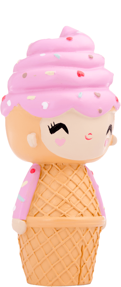 Happy Happy Happy Momiji doll with a pink ice cream swirl head and cone body, cute details inspired by street culture. — Momiji Doll