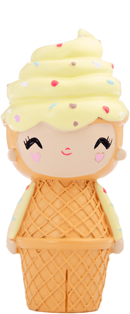 Happy Happy Happy Momiji doll with yellow ice cream swirl hair, cone-shaped body, and colorful sprinkles on top. — Momiji Doll