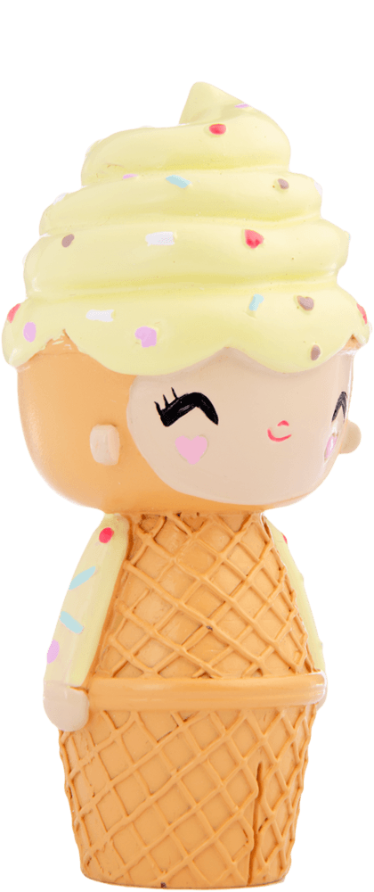Happy Happy Happy Momiji doll with an ice cream cone body, yellow swirled hair, rainbow sprinkles, and a big smile. — Momiji Doll