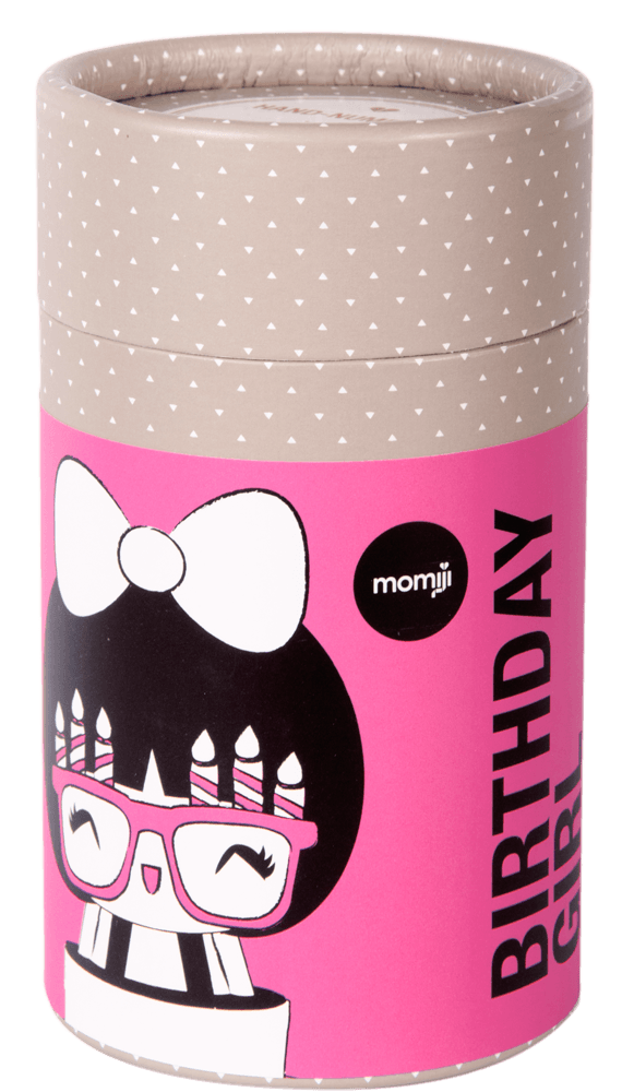 Pink and beige cylindrical gift box featuring a Momiji doll, birthday candles, and "Birthday Girl" text. — Momiji Doll