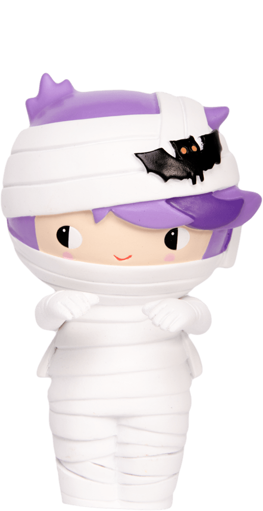 Heebie Jeebie Momiji doll: big-eyed mummy with purple hair, bat accent, and cute details. Vinyl collectible hides a secret message. — Momiji Doll
