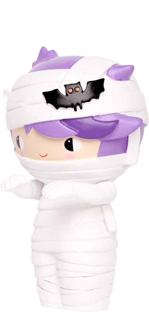 Heebie Jeebie Momiji doll with purple hair, bat on head, white mummy wrap outfit, arms wide and a big smile. — Momiji Doll