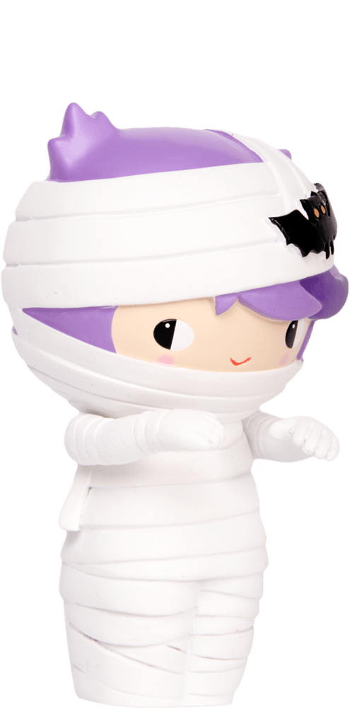 Heebie Jeebie Momiji doll wrapped as a mummy, with purple hair and a tiny black bat sitting on its head. — Momiji Doll