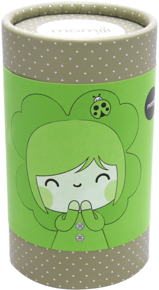 Cylindrical box featuring Lucky Momiji doll, a kawaii green character with ladybug and dot accents. Collectible and gift-ready. — Momiji Doll