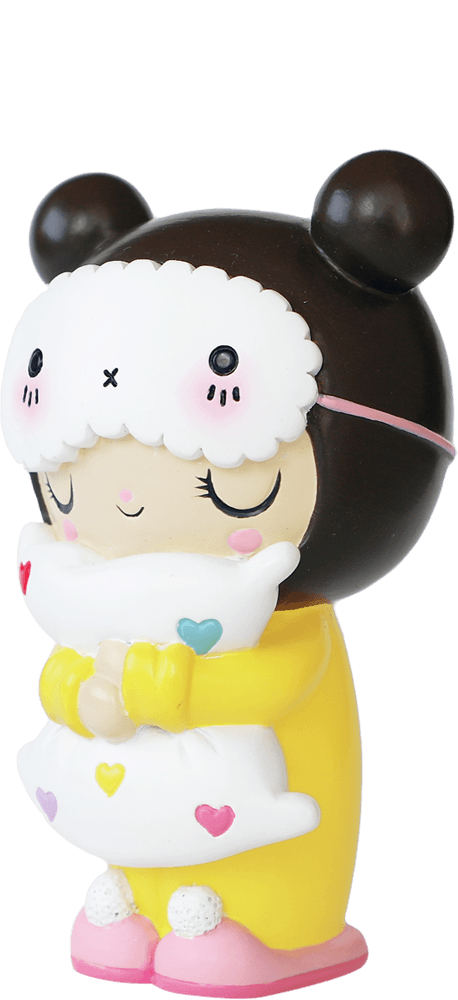 Dreaming hn Momiji doll in a yellow bear hat hugs a heart pillow. Kawaii collectible with hidden message inside. — Momiji Doll