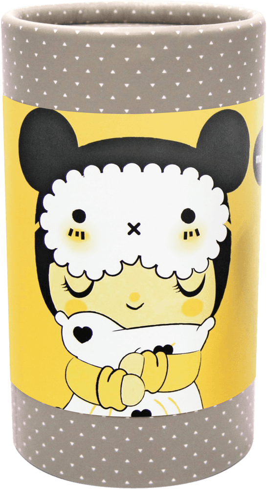 The Dreaming hn Momiji doll with animal ears hugs a tiny creature on yellow, surrounded by polka-dot borders. — Momiji Doll