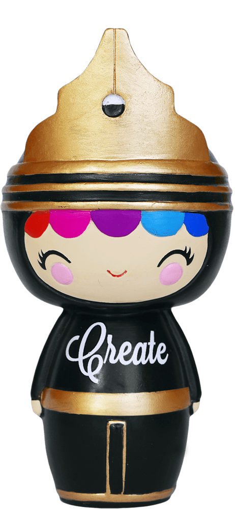 Create Momiji doll with multicolored hair, golden crown, and black outfit. Whimsical collectible with a secret message inside. — Momiji Doll