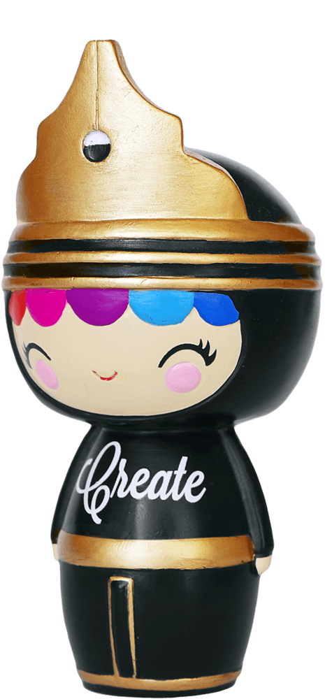 Momiji doll: wears a black outfit, gold crown, and has colorful hair accents—a kawaii collectible with a secret message inside. — Momiji Doll