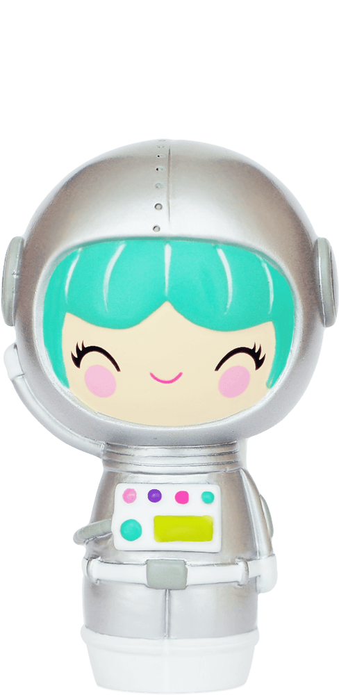 Momiji doll with teal hair, silver astronaut suit, rosy cheeks, and a sweet smile; collectible and hides a secret message. — Momiji Doll