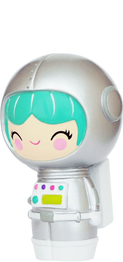 Momiji doll "Explore" with teal hair, silver spacesuit, and colorful chest buttons. Secret message hidden inside. — Momiji Doll