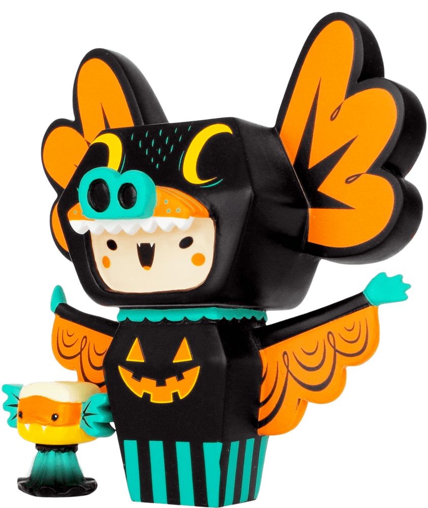 Momiji Hermees & Tiny Trickster Momiji doll: bat-themed, striped outfit, pumpkin chest, kawaii details, collectible message inside. — Momiji Doll