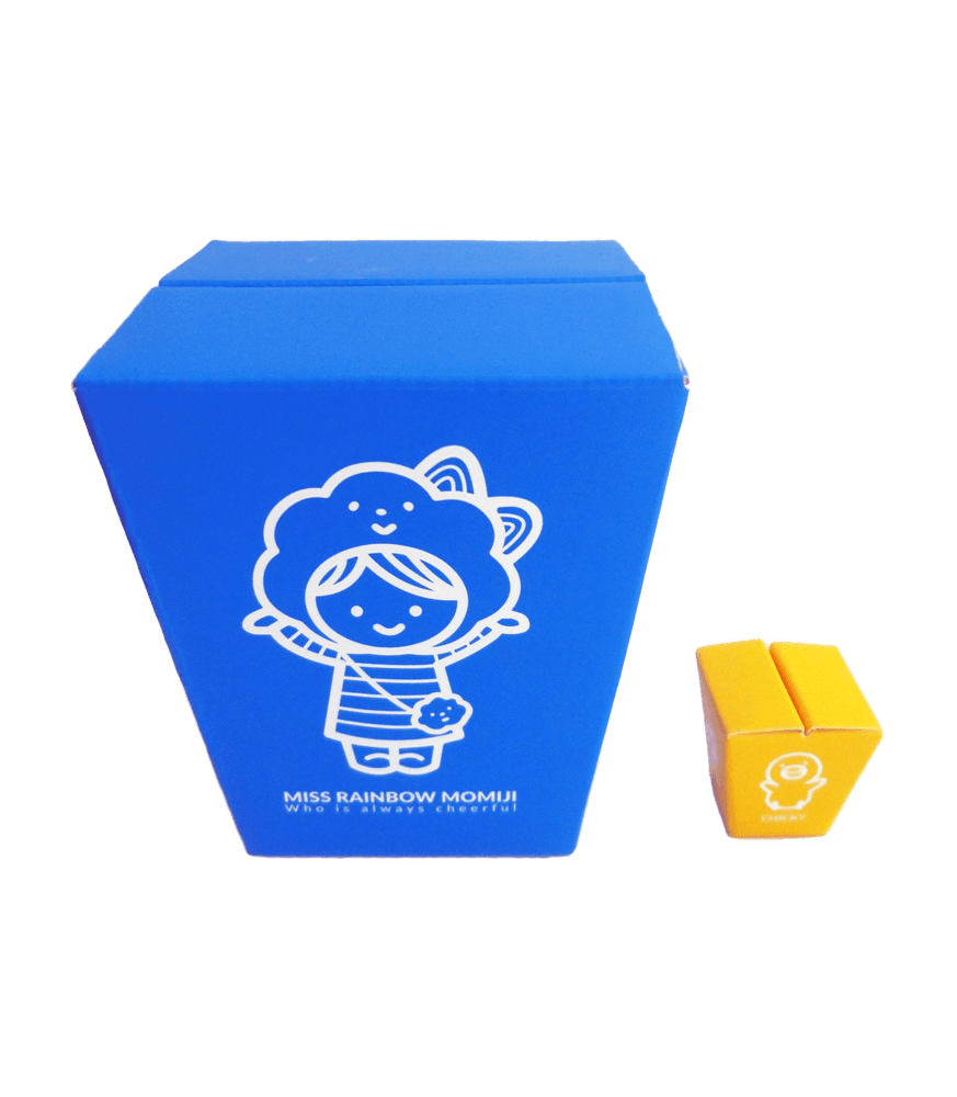 Blue box and yellow box with Miss Rainbow and Chicky Momiji doll characters in kawaii style line art. Collectible vinyl dolls. — Momiji Doll
