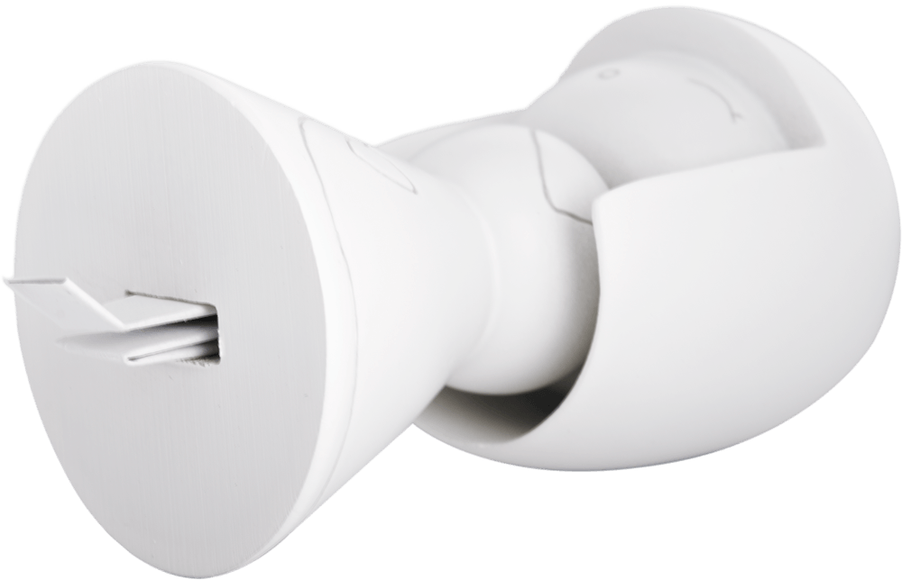 A white Miss Rainbow & Chicky Momiji doll, cylindrical and slightly tilted, shows its USB charging port. — Momiji Doll