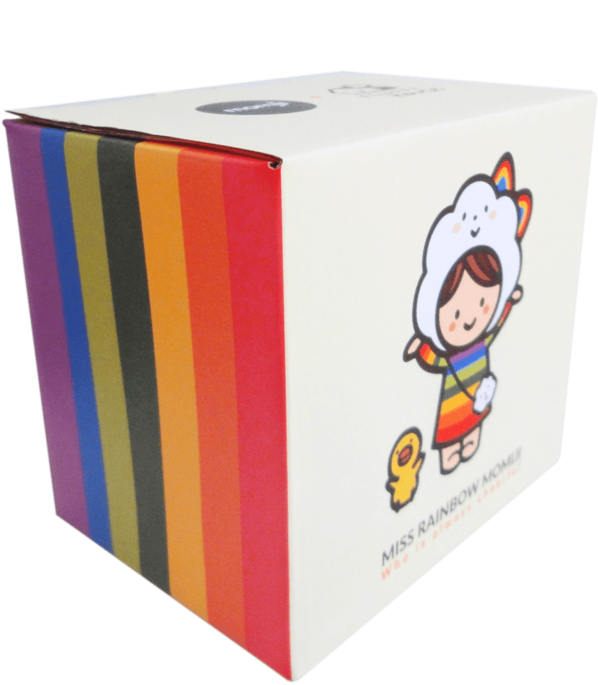 White box with rainbow stripes featuring Miss Rainbow & Chicky Momiji doll—cute cartoon child and chick in FLUFFY HOUSE style. — Momiji Doll