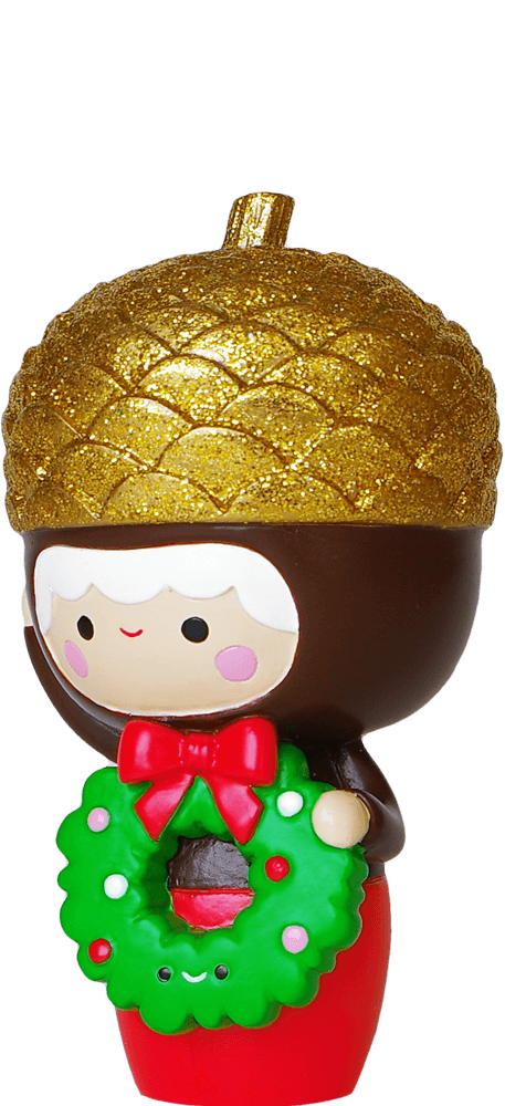 Baby Bellota Momiji doll in a glittery gold acorn hat and green wreath, kawaii collectible hiding a secret message inside. — Momiji Doll