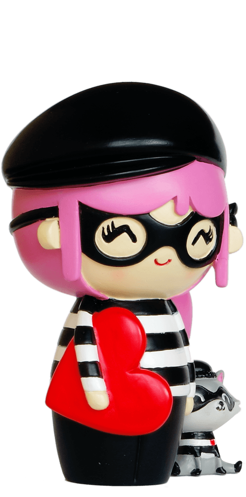 Boo & Burt Momiji doll with pink hair, black beret, striped shirt, red heart detail, mask, and raccoon accessory. — Momiji Doll