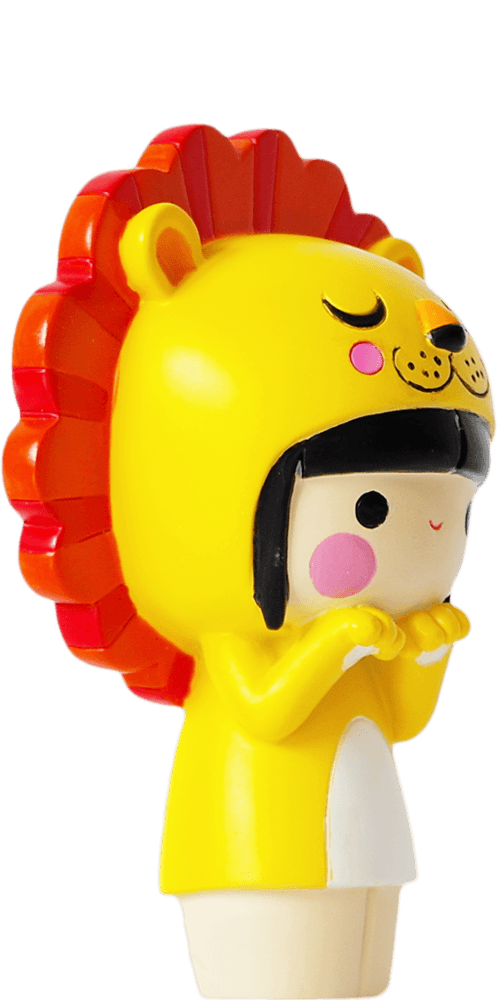 BFF Liona Momiji doll with bright yellow lion costume, red mane, and playful pose. Kawaii vinyl collectible with secret message. — Momiji Doll