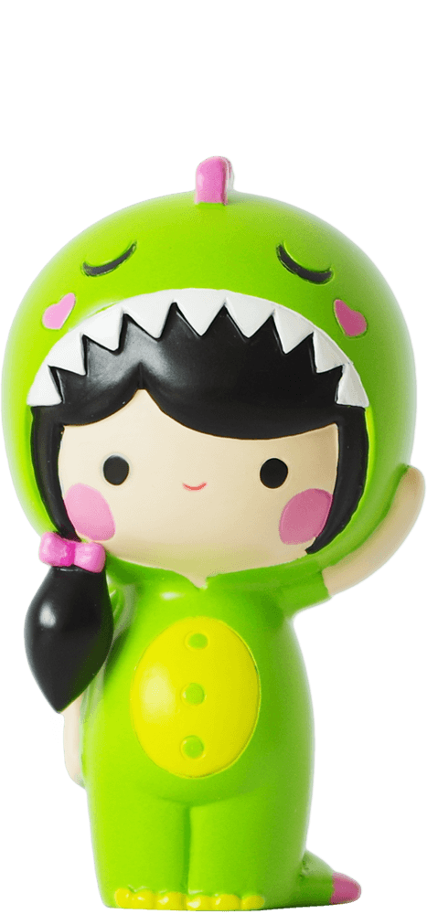 BFF Dina Momiji doll: girl with ponytail, pink cheeks, in bright green dinosaur costume, smiling. Kawaii collectible character. — Momiji Doll