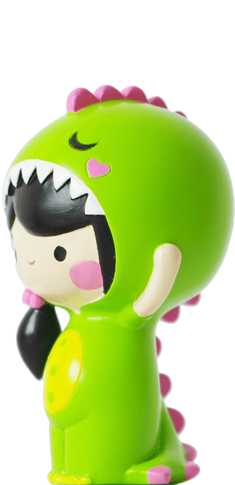 BFF Dina Momiji doll: kawaii child in a green dinosaur suit with pink spikes, collectible vinyl figure hiding a secret message. — Momiji Doll