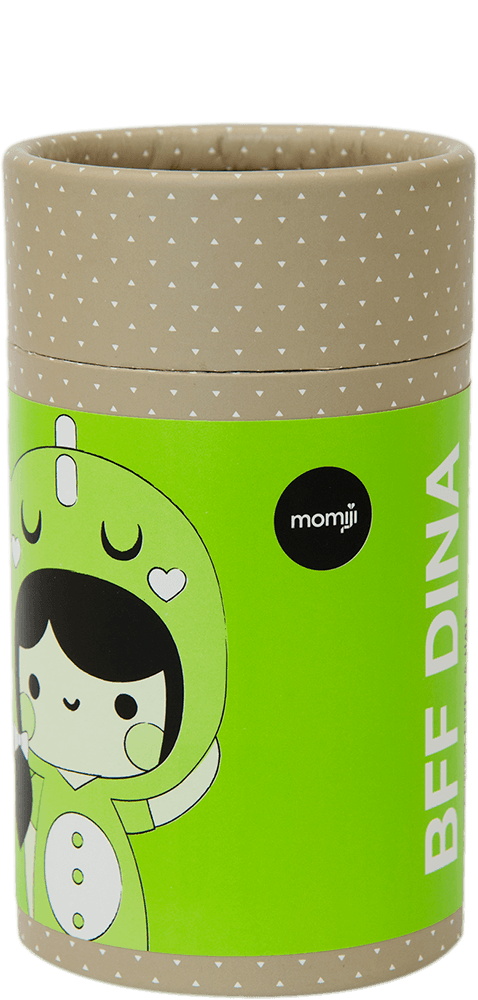 Momiji doll "BFF Dina" features a kawaii girl in a green dinosaur costume with playful details and bright colors. — Momiji Doll