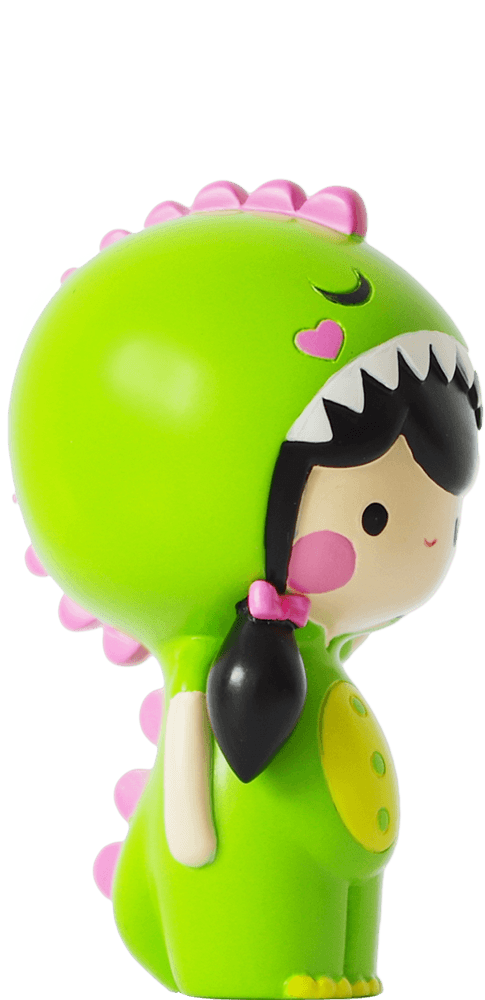 BFF Dina Momiji doll in a green dinosaur suit with pink details and black pigtails; cute collectible with secret message inside. — Momiji Doll