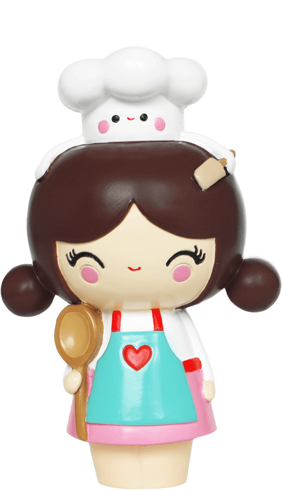 Cupcake HN Momiji doll in an apron and chef's hat, holding a spoon and smiling; cute kawaii details, pastel colors. — Momiji Doll