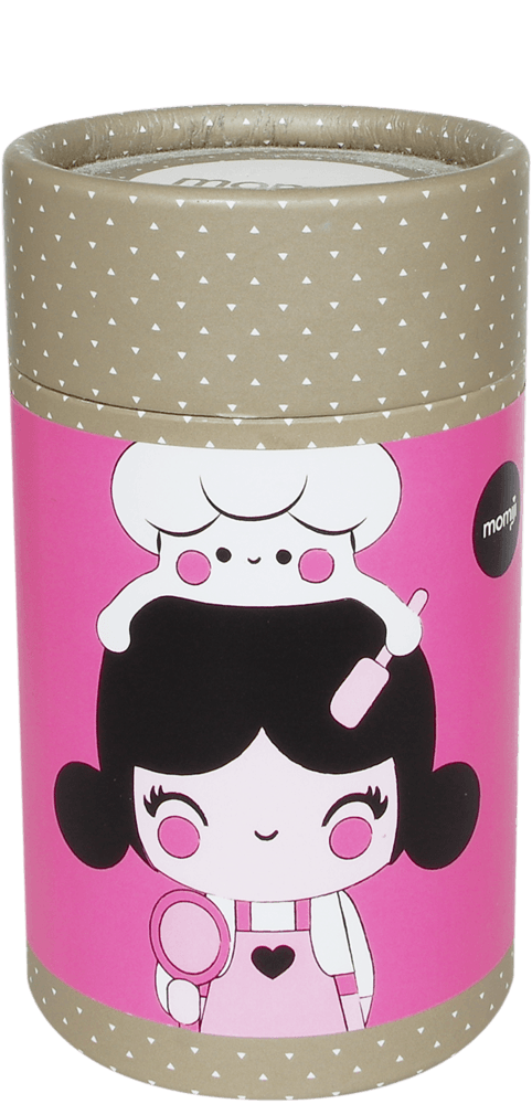 Cupcake HN Momiji doll: cylindrical, features a kawaii chef girl in pink and white, hiding a secret message inside. — Momiji Doll