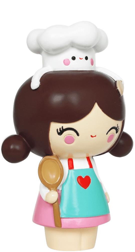 Cupcake HN Momiji doll with brown hair, chef hat, heart apron, and holding a spoon. Cute collectible with secret message inside. — Momiji Doll